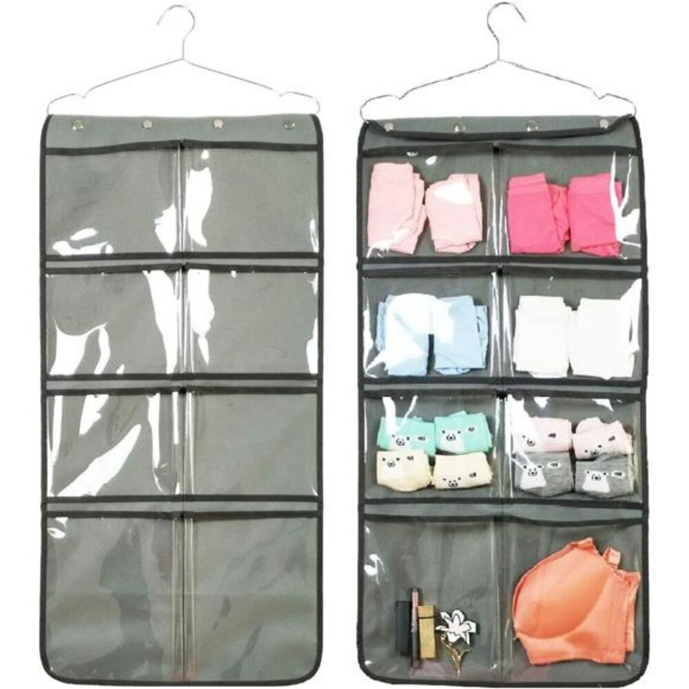 Hanging closet organizer dual sided with clear pockets for underwear socks bras
